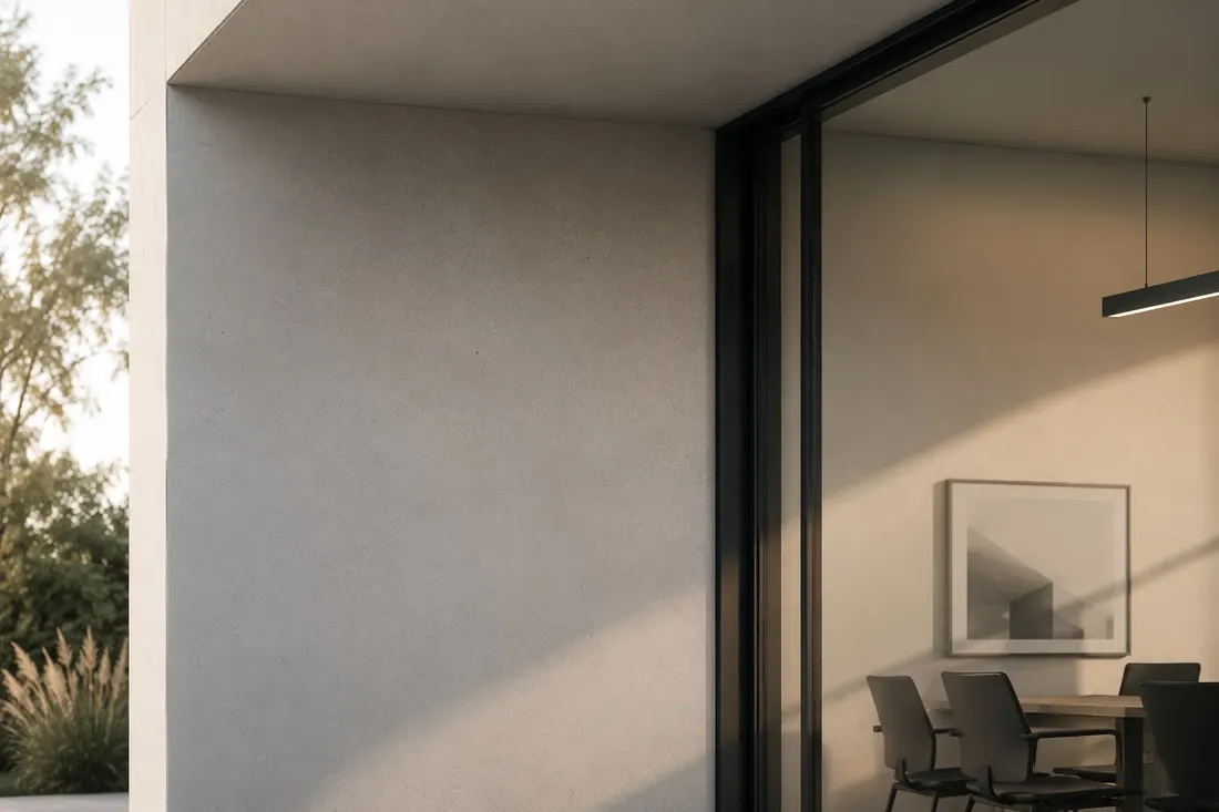 Moderne Architektur mit Betonfassade, Glasfront und klarer Linienführung
