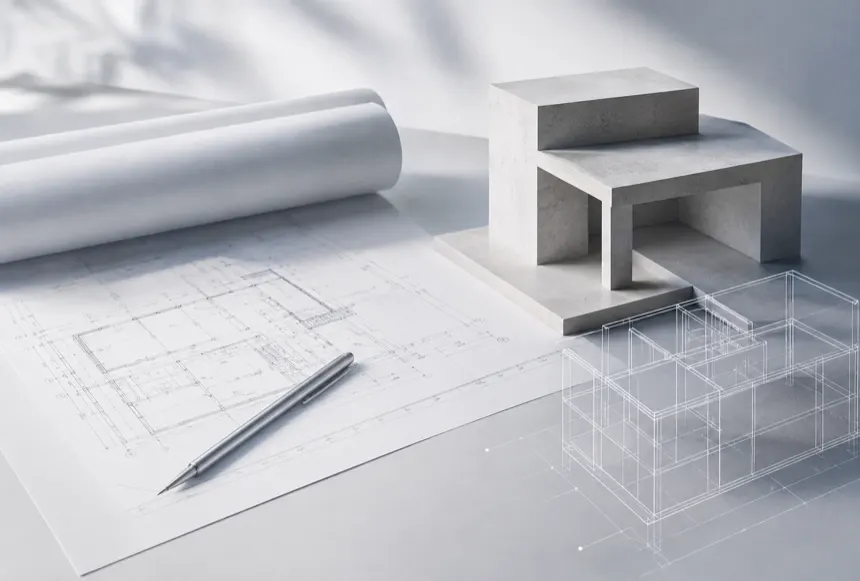 Architekturmodell und technische Planung auf einem Zeichentisch